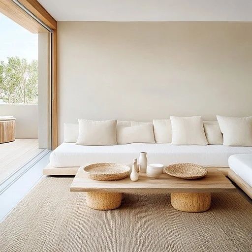 Calm Japandi living room with white sofa, wood table, and woven textures